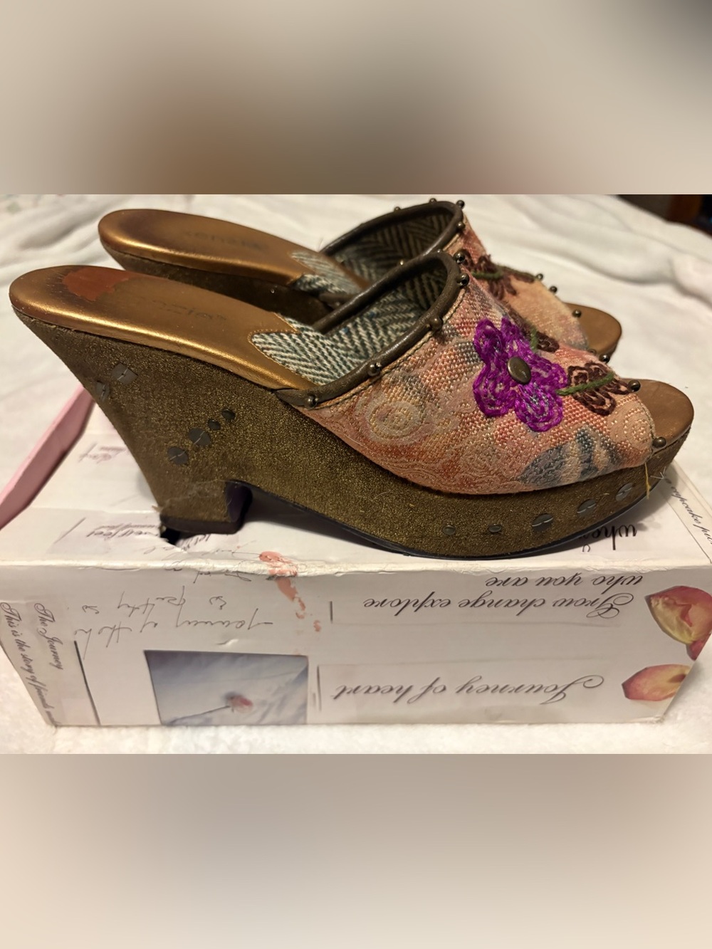 Kenzie 8.5 Embroidered Pink Floral Platform Mules with Bronze Wedge